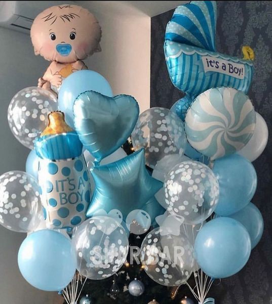 Блакитний візочок на виписку хлопчика, фігура з гелієм baby_carriage_boy фото